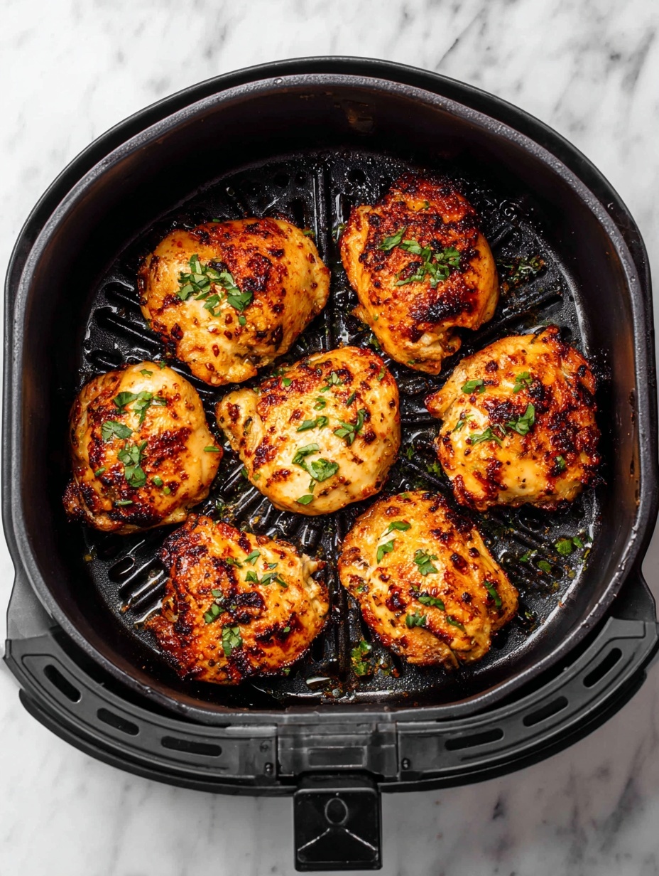 The image shows a black air fryer basket filled with eight golden brown pieces of grilled chicken. The chicken pieces have a slightly crispy texture with visible grill marks and are sprinkled with finely chopped fresh green herbs. The air fryer basket has ridged sides and a removable handle attached to it. The background is a white marbled surface. photo taken with an iphone --ar 2:3 --v 7