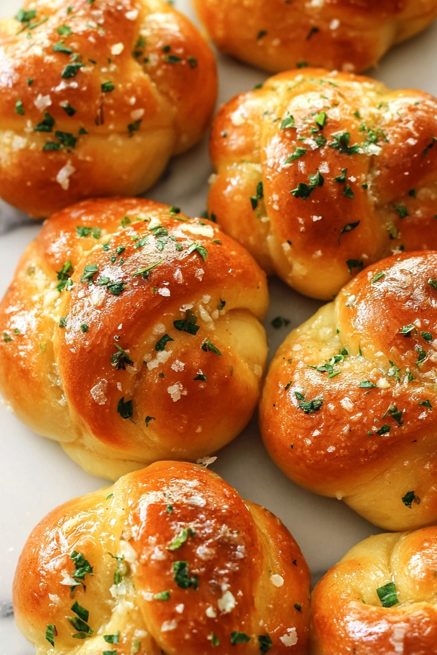 The image shows a close-up of several soft garlic knots arranged closely together on a white marbled surface. Each knot has a golden-brown top with a shiny, slightly oily texture, and visible small green parsley pieces sprinkled over the surface. There are also some coarse salt crystals scattered on each knot, adding texture and contrast. The bread looks fluffy with a smooth, slightly glossy crust, and the knots have a twisted design with three rounded bumps forming each knot. The lighting highlights the warm tones of the garlic knots, making them look fresh and appetizing. photo taken with an iphone --ar 2:3 --v 7