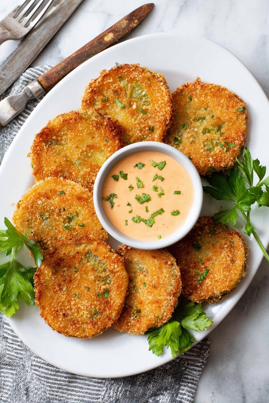 A white rectangular plate holds six golden-brown crispy fried rounds arranged in two slightly overlapping groups on each side, sprinkled lightly with green herbs and coarse salt. In the middle top part of the plate, there is a small white round bowl filled with a creamy light orange dipping sauce also sprinkled with green herbs. Two fresh green parsley leaves decorate the plate, one near the sauce bowl and another at the bottom center. The plate sits on a white marbled surface with a vintage fork and knife partially visible at the top edge. photo taken with an iphone --ar 2:3 --v 7