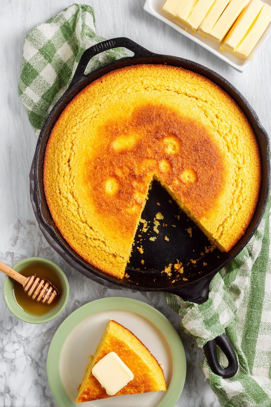 A golden-yellow cornbread with a slightly crispy top is shown in a black cast iron skillet, with one triangular slice removed, revealing a soft and crumbly inside. The skillet sits on a white marbled surface with a green and white checkered cloth folded next to it. Nearby, a white plate holds the removed slice topped with a pat of butter, and to the right, a small white rectangular dish contains several slices of butter. In the bottom corner, there is a small green bowl with a wooden honey dipper resting inside. photo taken with an iphone --ar 2:3 --v 7