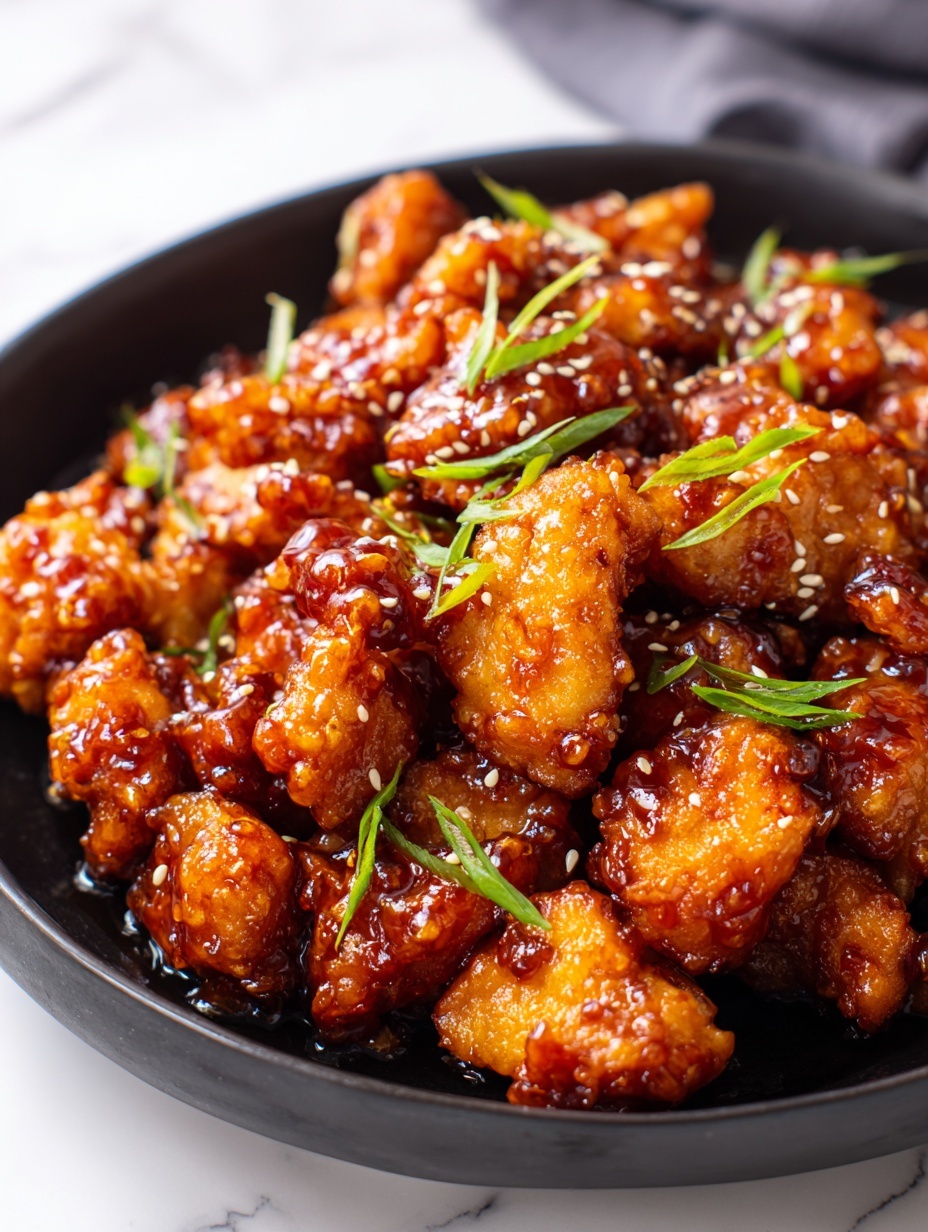 A black pan filled with many pieces of golden brown fried chicken coated in a thick, shiny, reddish-brown sauce, sprinkled with small white sesame seeds and thin slices of green onions scattered on top, the pan is set on a white marbled surface. photo taken with an iphone --ar 2:3 --v 7