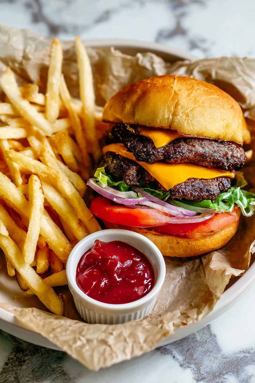 A basket lined with wrinkled brown paper holds a double cheeseburger and a pile of golden fries. The burger has a top bun with a light golden-brown color and a spread of pink sauce underneath. Below it, there are two dark brown grilled beef patties separated by melted bright orange cheese slices. On the bottom bun, fresh green lettuce, a thick red tomato slice, and a ring of white onion are visible. To the side of the burger, a small white bowl filled with bright red ketchup sits among the fries. The fries are crispy and golden yellow, filling the left side of the basket. The whole scene is set on a white marbled texture. Photo taken with an iphone --ar 2:3 --v 7