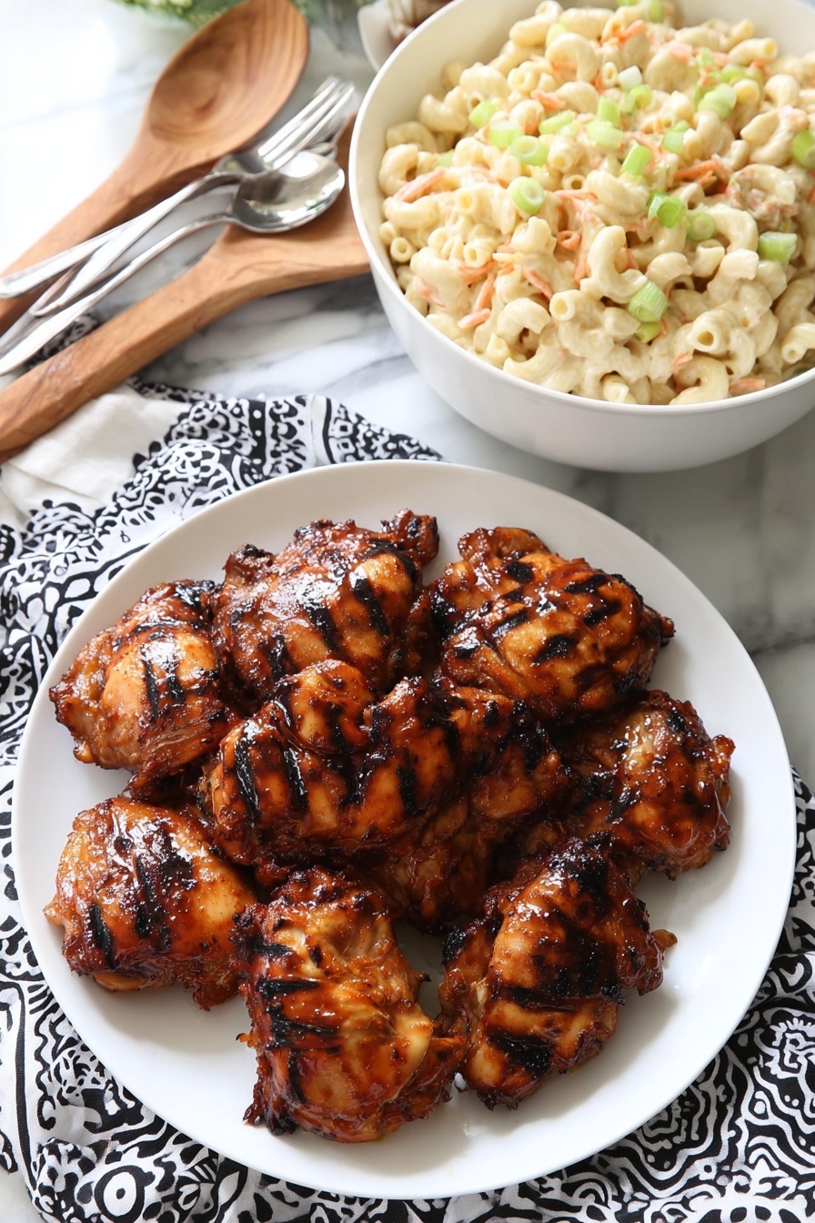 A white plate full of grilled chicken thighs with shiny caramelized dark brown sauce and char marks, stacked in a slightly uneven pile; next to it, a white bowl filled with creamy macaroni salad featuring small elbow pasta mixed with a pale yellow dressing and topped with scattered bright green sliced scallions; both dishes are placed on a black and white patterned cloth on a white marbled surface, with a woman’s hand holding a wooden spoon beside a clean white bowl and fork nearby; the scene is bright and clear. photo taken with an iphone --ar 2:3 --v 7