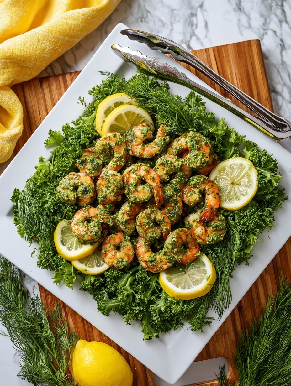 A white square plate sits on a wooden board with a yellow cloth nearby on a white marbled surface. The plate holds a bed of fresh green herbs, layering parsley and dill with their leafy textures spread out evenly. On top, there are many cooked shrimp coated in a green herb sauce, arranged in a casual pile. Four lemon wedges with bright yellow rinds and juicy pale interiors are placed around the shrimp, adding pops of color. A pair of silver tongs rests on the top left of the plate. Photo taken with an iphone --ar 2:3 --v 7