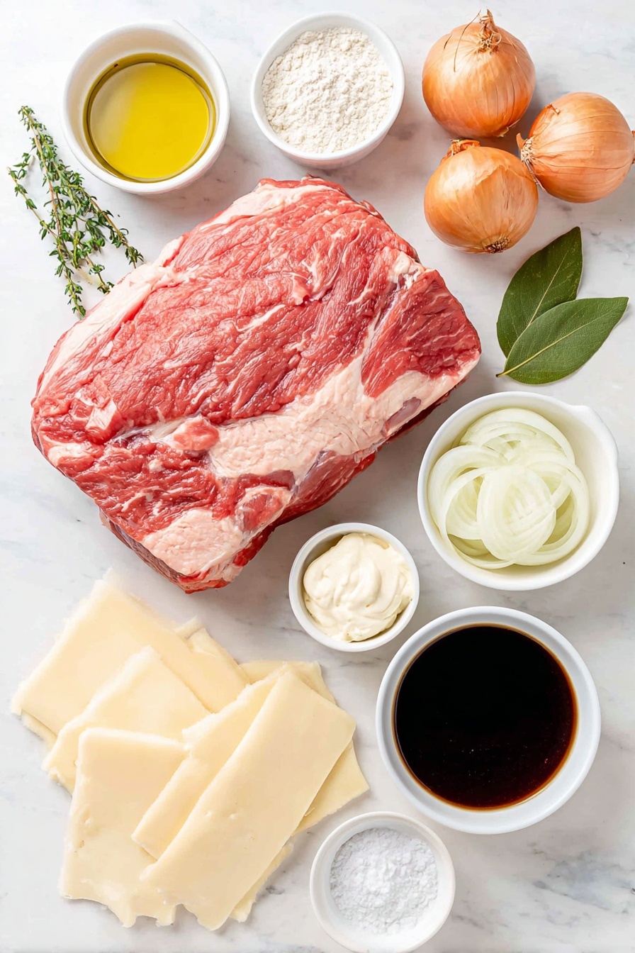 Flat lay of a fresh boneless beef chuck roast, a small white bowl of extra-virgin olive oil, coarse kosher salt crystals scattered neatly, a small pile of freshly ground black pepper, a small white bowl of all-purpose flour, a simple white bowl filled with rich beef broth, a small white bowl of dark Worcestershire sauce, two medium yellow onions halved and sliced, three fresh thyme sprigs, one large bay leaf, three fresh French sandwich rolls, a small white bowl of creamy mayonnaise, a small white bowl of smooth horseradish, and four slices of pale provolone cheese, all arranged with perfect symmetry, placed on a clean white marble surface, soft natural light, photo taken with an iPhone, professional food photography style, fresh ingredients, white ceramic bowls, no bottles, no duplicates, no utensils, no packaging --ar 2:3 --v 7 --p m7354615311229779997