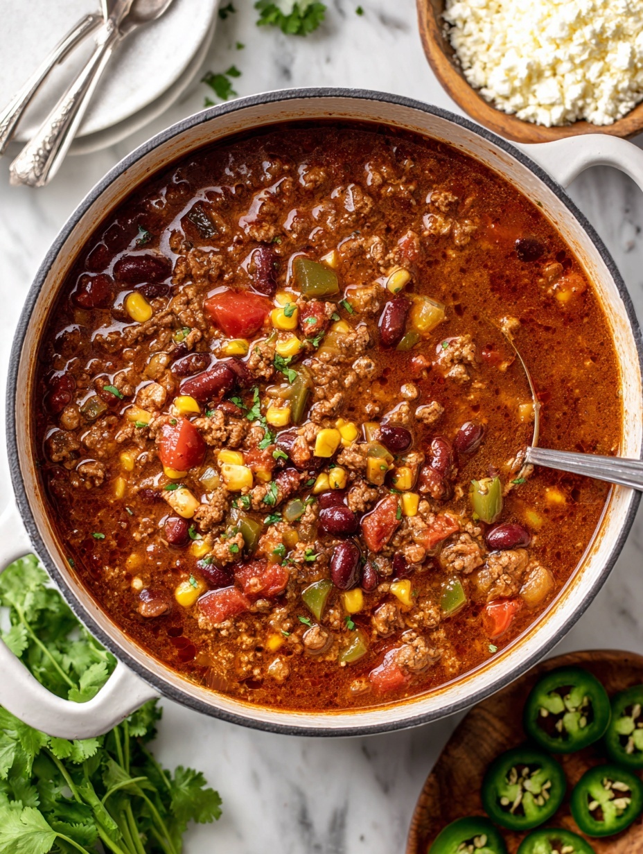 A white bowl filled with a rich red chili soup base containing visible chunks of tomatoes, yellow corn, black beans, and ground meat. On top, there is a layer of crumbled yellow corn chips, followed by a dollop of white sour cream, small green avocado pieces, thin orange shredded cheese, and fresh green cilantro leaves scattered all over. The bowl is placed on a white cloth over a white marbled surface. photo taken with an iphone --ar 2:3 --v 7