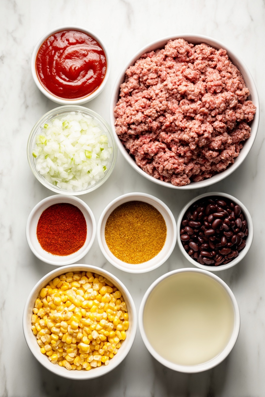 Flat lay of a mound of fresh raw ground beef, a few plump black beans, several shiny dark red kidney beans, bright yellow whole kernel corn kernels, a pile of diced red tomatoes with green chile pieces, a smooth red tomato sauce in a small white ceramic bowl, a small white ceramic bowl containing reddish-brown taco seasoning powder, and a small white ceramic bowl with clear beef broth, all arranged in perfect symmetry, placed on a clean white marble surface, soft natural light, photo taken with an iPhone, professional food photography style, fresh ingredients, white ceramic bowls, no bottles, no duplicates, no utensils, no packaging --ar 2:3 --v 7 --p m7354615311229779997