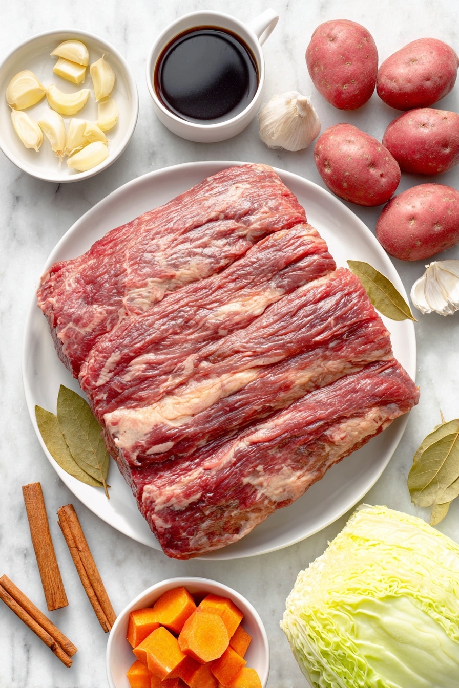 Flat lay of a large piece of raw corned beef brisket with marbled fat, a few cinnamon sticks, several bay leaves, four whole peeled garlic cloves sliced thinly, one whole dried ancho chili pepper, a small pile of halved small red potatoes, three large peeled carrots cut into chunks, wedges from a small green cabbage head, a small white ceramic bowl filled with dark stout beer, and a small white ceramic bowl containing smooth whole grain mustard, all arranged symmetrically on a clean white marble surface, soft natural light, photo taken with an iPhone, professional food photography style, fresh ingredients, white ceramic bowls, no bottles, no duplicates, no utensils, no packaging --ar 2:3 --v 7 --p m7354615311229779997