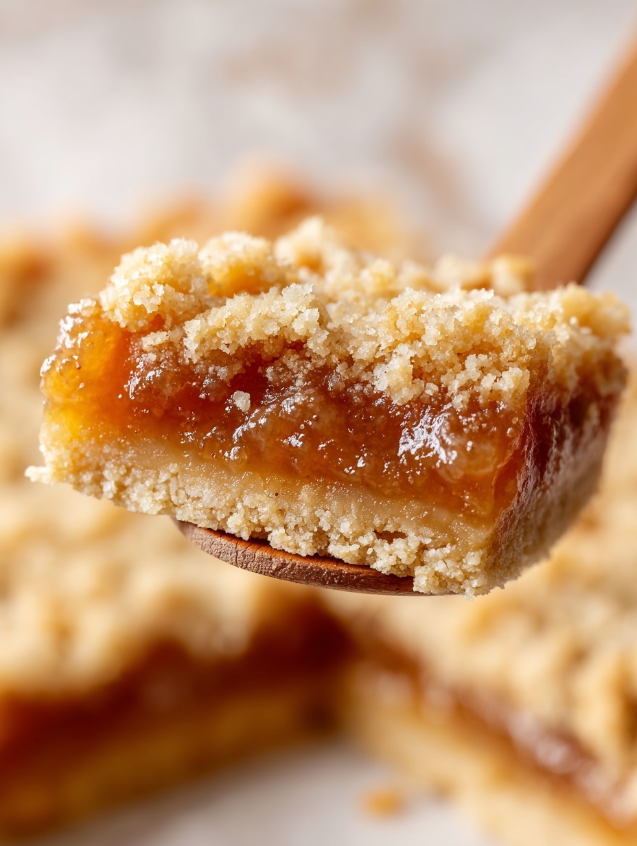A close-up view of a wooden spoon holding a warm dessert scoop with two main layers: the bottom layer is crumbly and golden-brown with a grainy texture, while the top layer is a shiny, glossy, light caramel-brown fruit filling with a soft, chunky, and syrupy texture, showing small pieces of cooked fruit. The background is blurred but shows a thick surface of the same golden crumbly layer, all set against a white marbled texture. photo taken with an iphone --ar 2:3 --v 7