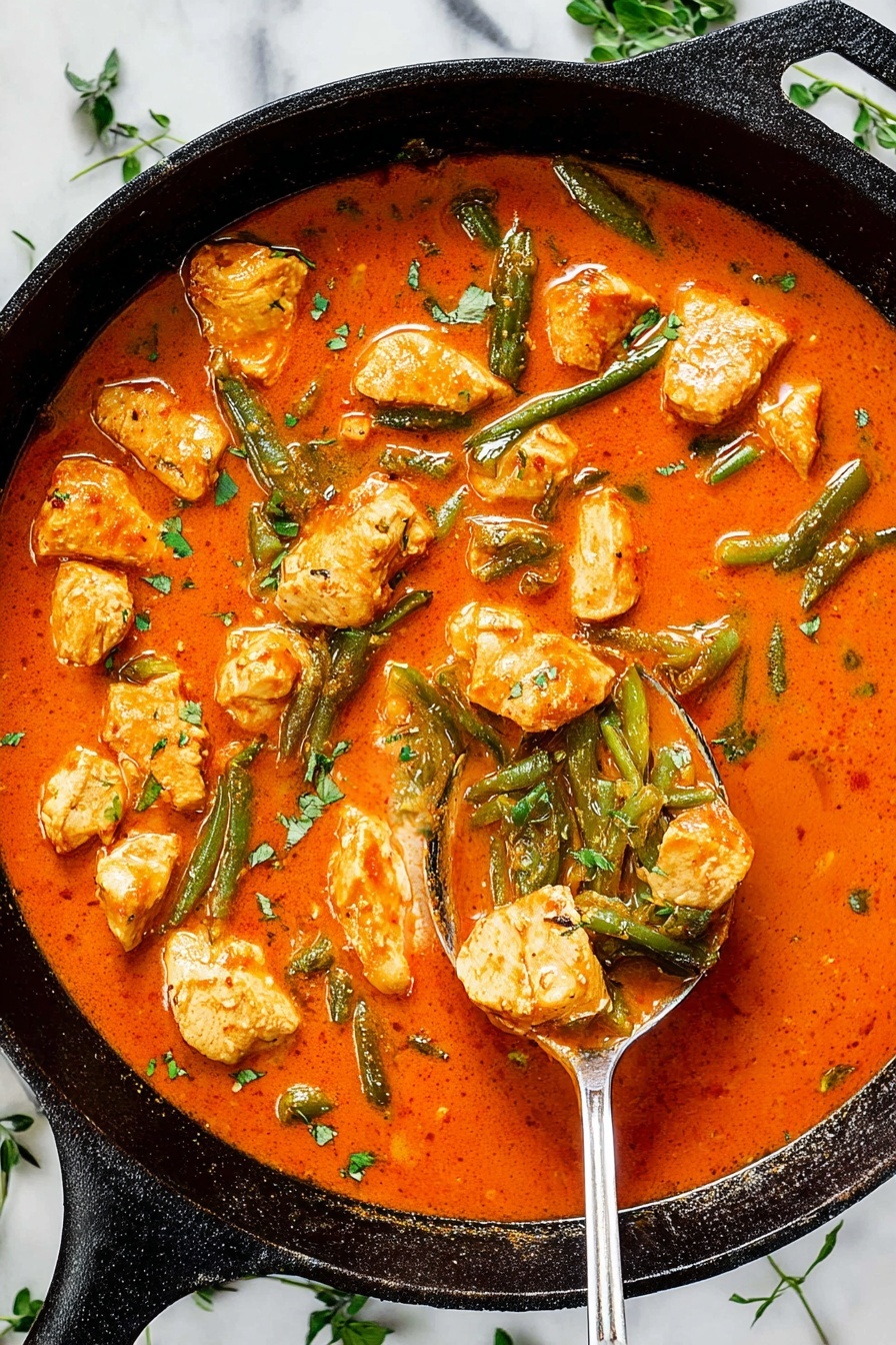 A close-up view of a black cast iron pan filled with a rich orange-red sauce, showing many pieces of light-colored chicken chunks spread evenly throughout. There are green snap peas and chopped green herbs scattered on top and mixed in the sauce. A silver ladle is partially submerged, lifting some chicken and snap peas, shining with the sauce's glossy texture. The pan rests on a white marbled surface with small green herb sprinkles around it. Photo taken with an iphone --ar 2:3 --v 7