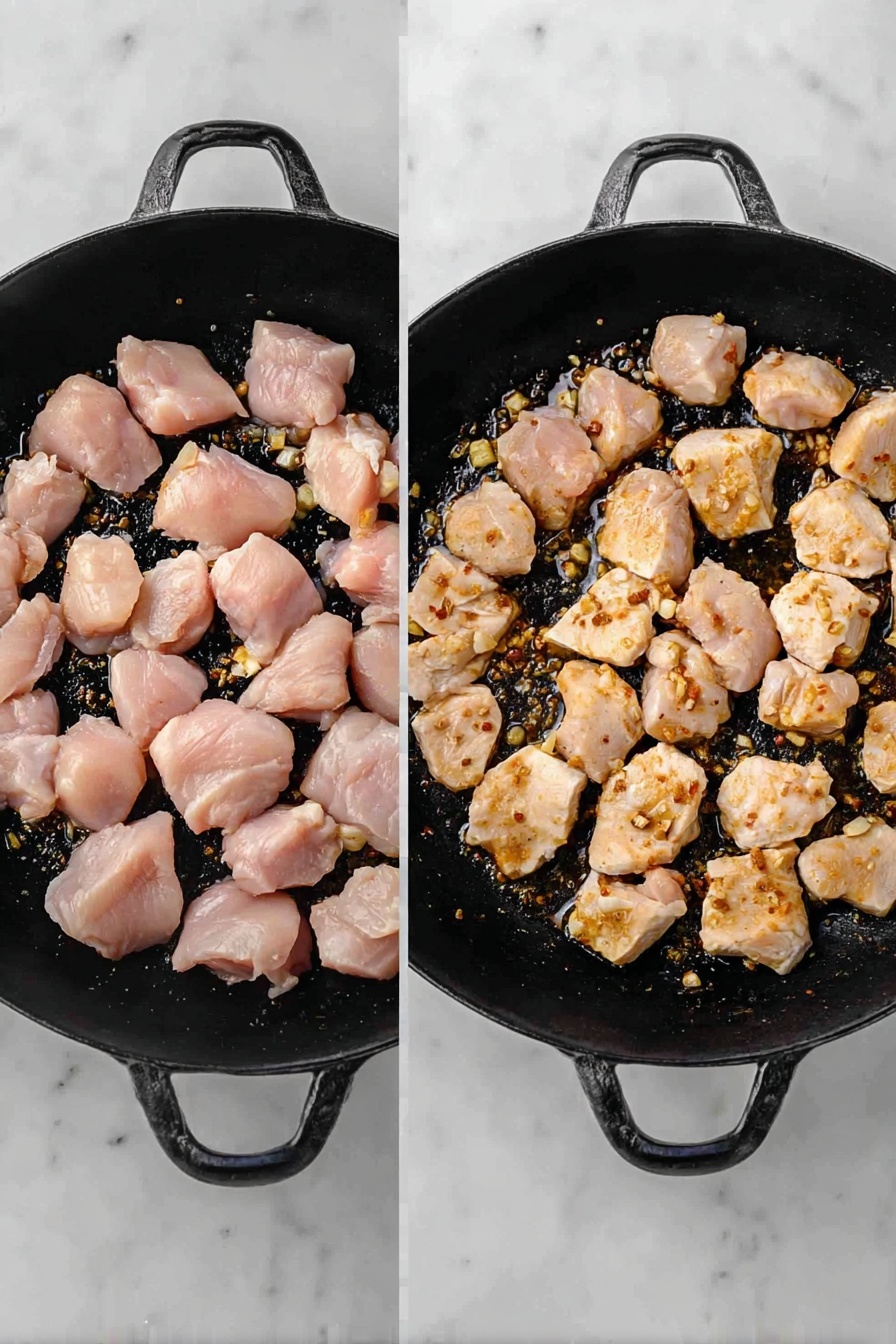 The image shows two round black cast iron pans side by side on a white marbled surface. The left pan contains many small, irregular pieces of raw light pink chicken spread out in one layer, resting on some browned garlic bits. The right pan shows the same chicken pieces after cooking, now golden brown with a slight crisp on the edges, pointing to a seared texture, still spread in a single layer with some garlic bits around. The contrast between raw and cooked chicken illustrates the cooking process clearly, with the dark pans highlighting the meat’s color changes. Photo taken with an iphone --ar 2:3 --v 7