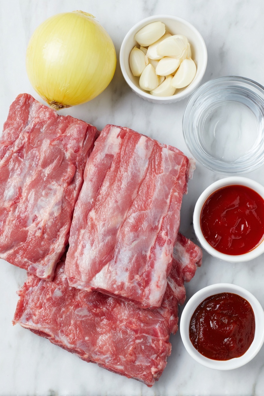 Flat lay of two racks of fresh baby back ribs with visible marbling, a whole yellow onion with smooth skin, four peeled garlic cloves arranged neatly, a small white ceramic bowl filled with clear water, a small white bowl holding a reddish homemade rib rub spice mixture, another small white bowl containing bright red ketchup, a small white bowl with glossy deep red chili sauce, and a small white bowl of thick dark brown barbecue sauce, all evenly spaced and symmetrically placed on a clean white marble surface, soft natural light, photo taken with an iPhone, professional food photography style, fresh ingredients, white ceramic bowls, no bottles, no duplicates, no utensils, no packaging --ar 2:3 --v 7 --p m7354615311229779997
