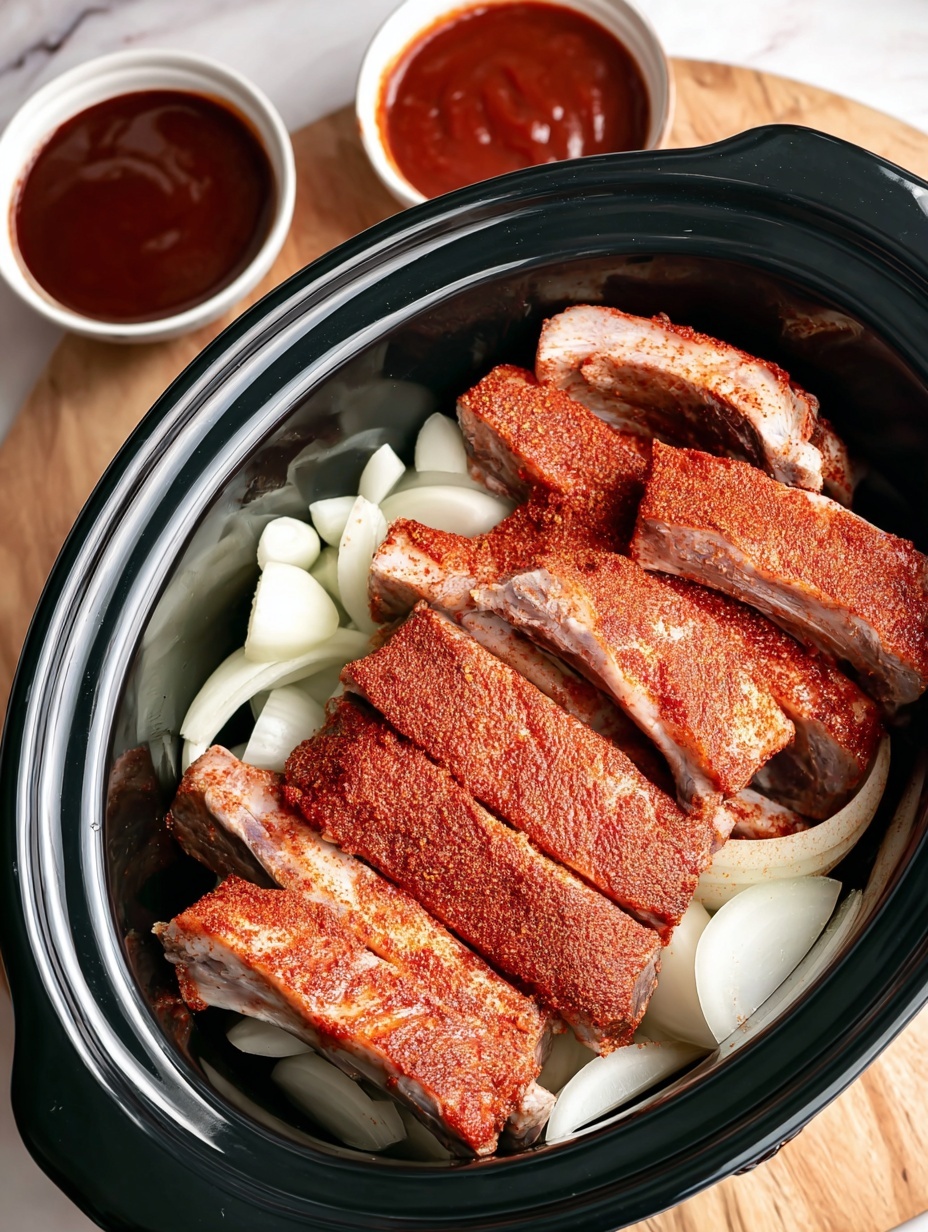 Inside a black slow cooker, there are three pieces of reddish seasoned meat laid on top of sliced white onions. The meat has a slightly rough texture from the seasoning, and the onions are scattered unevenly around and on the meat. Near the slow cooker, there is a small clear bowl filled with two sauces, one dark brown and the other bright red. The whole scene is set on a white marbled surface with a striped cloth partially visible on the side. photo taken with an iphone --ar 2:3 --v 7