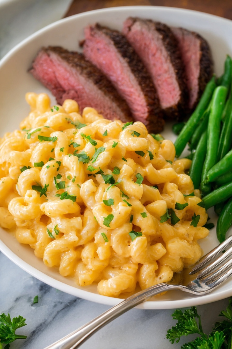 The dish shows a white plate with three main layers: at the back, there are three slices of pinkish-red meat with a brown crust sprinkled with green herbs; in front of the meat, there is a large serving of creamy orange-yellow macaroni topped with small bits of green herbs, showing smooth and slightly shiny texture; on the right side, bright green beans are laid out neatly alongside a bunch of fresh green parsley. The plate sits on a white marbled surface with a silver fork next to it. Photo taken with an iphone --ar 2:3 --v 7