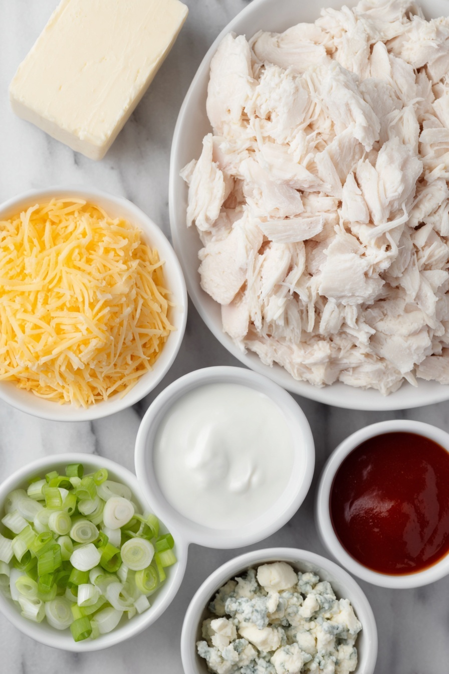 Flat lay of shredded cooked chicken piled loosely on a simple white ceramic plate, a block of reduced-fat cream cheese cut into neat 1-inch cubes arranged beside it on a white dish, a small heap of shredded part-skim mozzarella cheese on another white plate, a small white bowl filled with plain Greek yogurt, a small white bowl holding vibrant red hot sauce, a small white bowl with crumbled blue cheese, and a small white bowl containing thinly sliced fresh green onions, all ingredients fresh and natural, perfectly balanced and symmetrical, placed on a clean white marble surface, soft natural light, photo taken with an iPhone, professional food photography style, fresh ingredients, white ceramic bowls, no bottles, no duplicates, no utensils, no packaging --ar 2:3 --v 7 --p m7354615311229779997