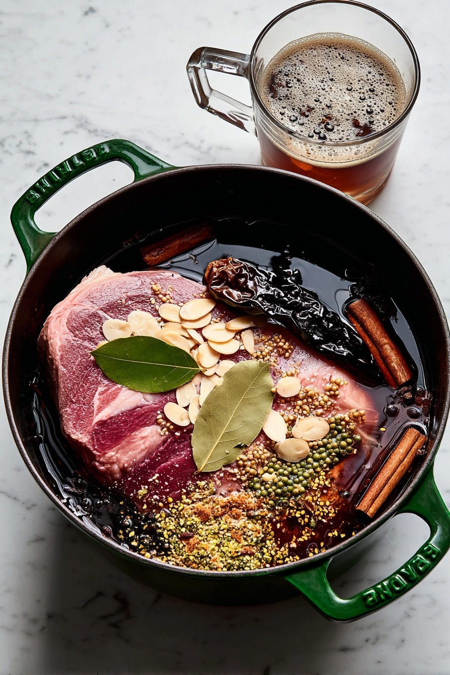 The image shows a round black pot with green handles on a white marbled surface. Inside the pot, a pink piece of raw meat lies at the bottom, partially covered by a dark brown liquid with visible bubbles. On top of the meat, there are several layers of ingredients: off-white almond slices, two green bay leaves, a dark wrinkled dried chili, and two brown cinnamon sticks on the right side. Scattered over everything are small mustard-colored seeds and dried herbs that add texture to the scene. A clear glass cup with dark liquid and foam is positioned at the lower left corner, partly pouring into the pot. Photo taken with an iphone --ar 2:3 --v 7