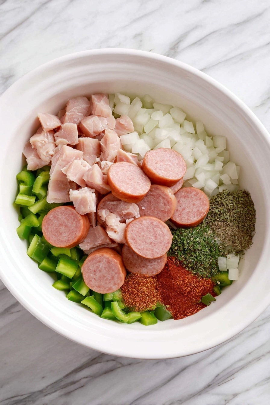 A white bowl on a white marbled surface holds the ingredients for a dish in separate layers placed side by side. At the bottom and around the edges are small chopped pieces of green bell pepper and white onions. On the left side are raw pink pieces of chicken. In the middle, there is a pile of round, sliced sausage with a light pink inside and brown outside. On the right side, there are dry spices, including reddish powder and green dried herb flakes, forming a small colorful pile. Photo taken with an iphone --ar 2:3 --v 7