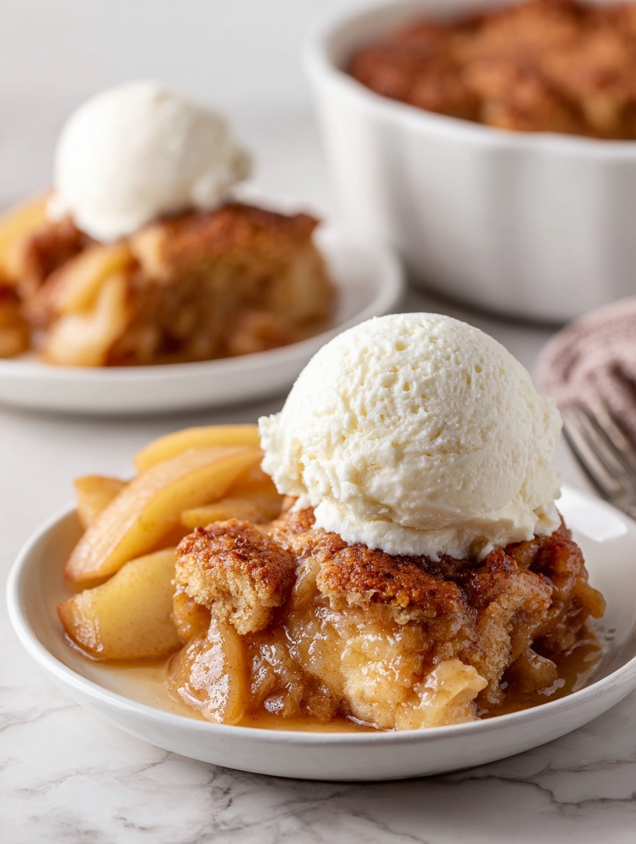 The image shows a white plate on a white marbled surface with two fried apple pies stacked together on one side. The pies have a rough, golden-brown crispy crust with some darker brown spots. On the other side of the plate, there is a serving of cooked apple pie filling with soft, shiny, light amber-colored apple chunks in syrup. On top of the pies, there is a round scoop of vanilla ice cream that looks creamy and smooth with a white color. In the background, another white plate with a similar pie and a dollop of vanilla ice cream can be seen, slightly out of focus. photo taken with an iphone --ar 2:3 --v 7