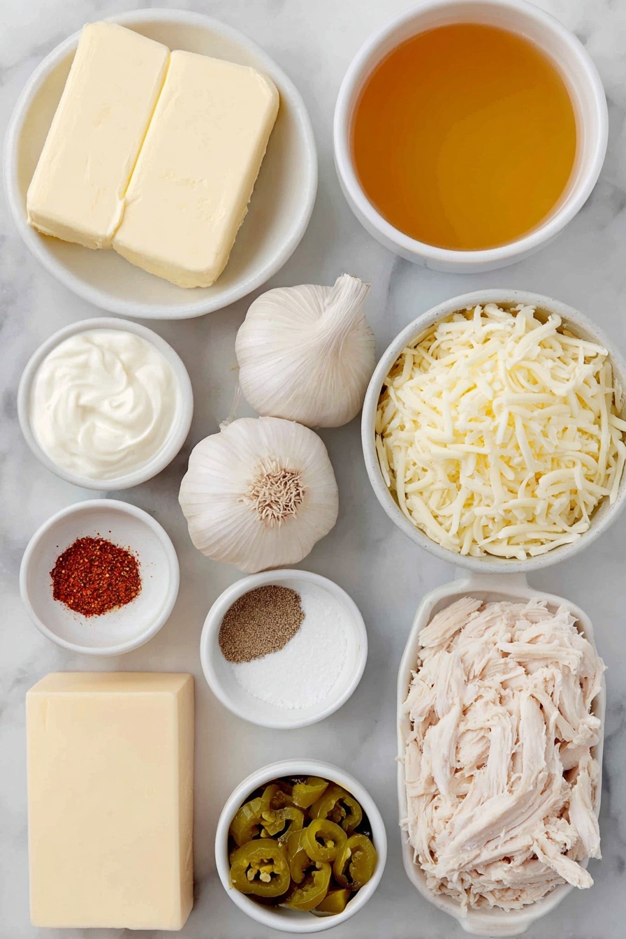 Flat lay of a small white ceramic bowl of softened yellow butter, a small white ceramic bowl of pale all-purpose flour, two whole uncracked garlic bulbs next to two peeled garlic cloves, a small white ceramic bowl of golden chicken broth, a small white ceramic bowl filled with creamy white sour cream, a small white ceramic bowl of bright green chopped pickled jalapenos, a small white ceramic bowl of translucent pickled jalapeno juice, a small white ceramic bowl with warm brown ground cumin powder, a small white ceramic bowl of coarse kosher salt crystals, a small white ceramic bowl of finely ground black pepper, a neat pile of cooked and shredded white chicken meat, a stack of unheated six-inch corn tortillas, a simple mound of shredded Monterey Jack cheese, a separate small pile of shredded sharp Cheddar cheese, all arranged symmetrically on a clean white marble surface, soft natural light, photo taken with an iPhone, professional food photography style, fresh ingredients, white ceramic bowls, no bottles, no duplicates, no utensils, no packaging --ar 2:3 --v 7 --p m7354615311229779997