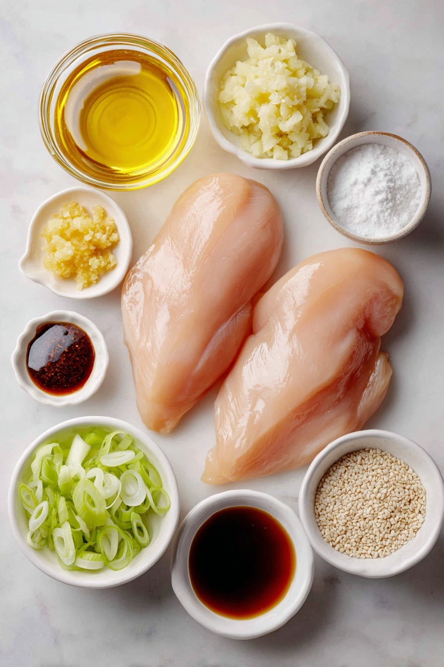 Flat lay of fresh boneless skinless chicken breasts, a small pile of minced garlic, a small pile of minced ginger, a small white ceramic bowl of golden honey, a small white ceramic bowl of dark brown sugar, a small white ceramic bowl of deep amber soy sauce, a small white ceramic bowl of golden toasted sesame oil, a small white ceramic bowl of pale rice vinegar, a small white ceramic bowl of clear cold water, a small white ceramic bowl of white cornstarch powder, a scattering of light tan sesame seeds, and a few sprigs of freshly sliced green onions, all arranged in perfect symmetry on a clean white marble surface, soft natural light, photo taken with an iPhone, professional food photography style, fresh ingredients, white ceramic bowls, no bottles, no duplicates, no utensils, no packaging --ar 2:3 --v 7 --p m7354615311229779997