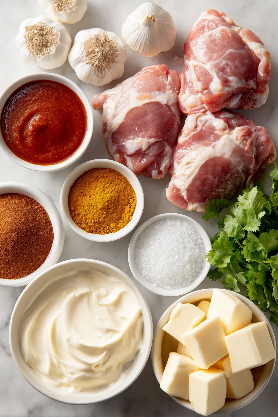 Flat lay of fresh whole chicken thighs with pale pink skin, five peeled garlic cloves, a small pile of freshly grated ginger root, a small white bowl filled with vibrant red tomato sauce, a neat heap of ground cumin powder, a small mound of garam masala spice blend with warm brown tones, a pinch of bright orange smoked paprika powder, a small pile of golden yellow ground turmeric, a tiny heap of reddish chili powder, a small pinch of white salt crystals, a tiny mound of fine granulated sugar, small cubes of pale yellow unsalted butter, a small white bowl of thick heavy cream, and three fresh green sprigs of cilantro, all arranged symmetrically on a simple white ceramic plate and bowls placed on a clean white marble surface, soft natural light, photo taken with an iPhone, professional food photography style, fresh ingredients, white ceramic bowls, no bottles, no duplicates, no utensils, no packaging --ar 2:3 --v 7 --p m7354615311229779997