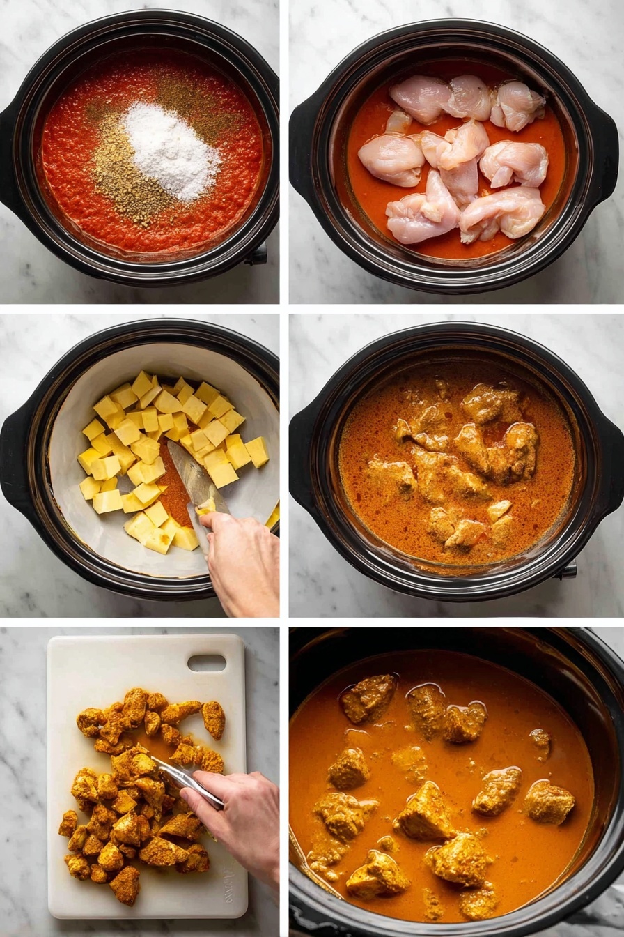 The image shows a 6-step cooking process in a grid. In step 1, inside a black slow cooker, a bright red sauce is layered with white and brown spices, and small pieces of light beige ginger placed on a white marbled surface. Step 2 adds seven raw, pale pink pieces of chicken lined up across the red sauce inside the cooker. Step 3 places many small yellow butter cubes scattered on top of the sauce and chicken mix in the cooker. Step 4 shows the sauce bubbling with a mix of golden, red, and orange colors, creating a thick texture inside the cooker. Step 5 shows a woman's hand slicing cooked chicken into irregular pieces on a white marbled board. Step 6 features the cooked chicken pieces covered in a smooth, orange creamy sauce inside the black slow cooker with a large black spoon lifting some sauce. Photo taken with an iphone --ar 2:3 --v 7