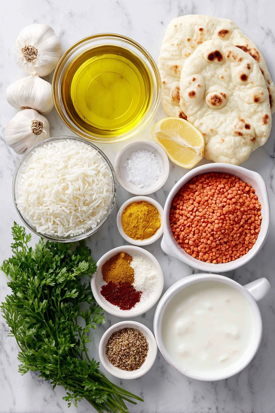 Flat lay of a small white ceramic bowl of golden olive oil, six whole uncracked garlic cloves, a small white ceramic bowl filled with grated fresh ginger, a small white ceramic bowl with bright yellow ground turmeric, a small white ceramic bowl containing warm brown ground cumin, a small white ceramic bowl of light brown ground coriander, a small white ceramic bowl holding deep red cayenne pepper powder, a small white ceramic bowl with fine white salt, a small white ceramic bowl of clear water, a small white ceramic bowl filled with dried brown lentils, a simple white ceramic bowl piled with crushed vibrant red tomatoes, a small white ceramic bowl of creamy white full-fat coconut milk, a small white ceramic bowl with fresh pale yellow lemon juice, a small white ceramic bowl of chopped bright green cilantro, a neat mound of fluffy cooked basmati rice, and a piece of soft vegan naan bread stacked simply on a white ceramic plate, all arranged with perfect symmetry and realistic proportions, placed on a clean white marble surface, soft natural light, photo taken with an iPhone, professional food photography style, fresh ingredients, white ceramic bowls, no bottles, no duplicates, no utensils, no packaging --ar 2:3 --v 7 --p m7354615311229779997