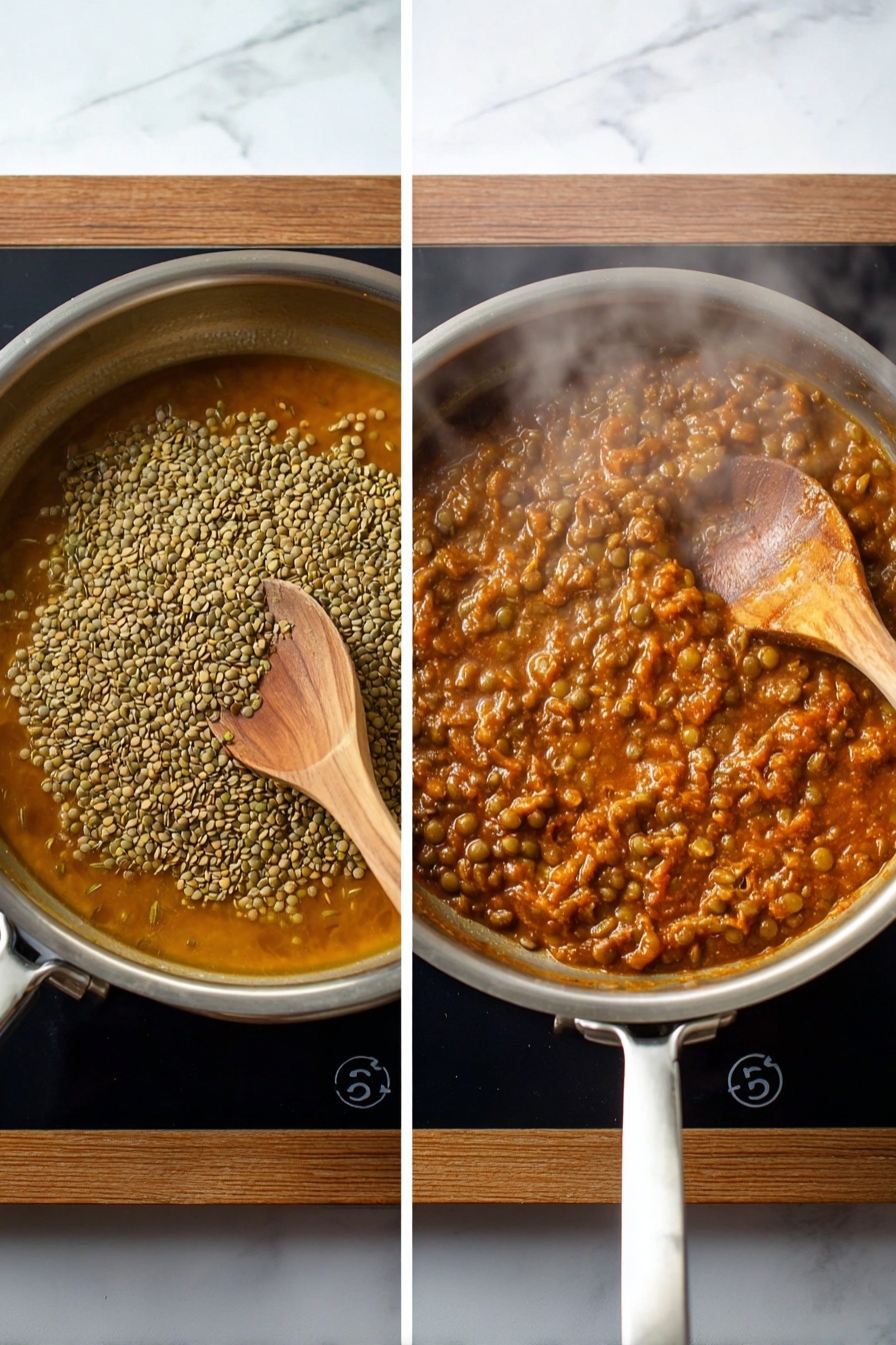 The image shows two stages of cooking lentils in a silver pot on a black stove placed on a white marbled surface. On the left, there is a thick brown liquid base with whole lentils piled in the middle, and a wooden spoon resting with its handle extending outside the pot. On the right, the lentils are cooked and mixed into a thick, chunky stew with a reddish-brown color, steam rising gently from it, and visible pieces of vegetables blending into the sauce. Both shots focus on the pot and its contents with a light, soft background. Photo taken with an iphone --ar 2:3 --v 7