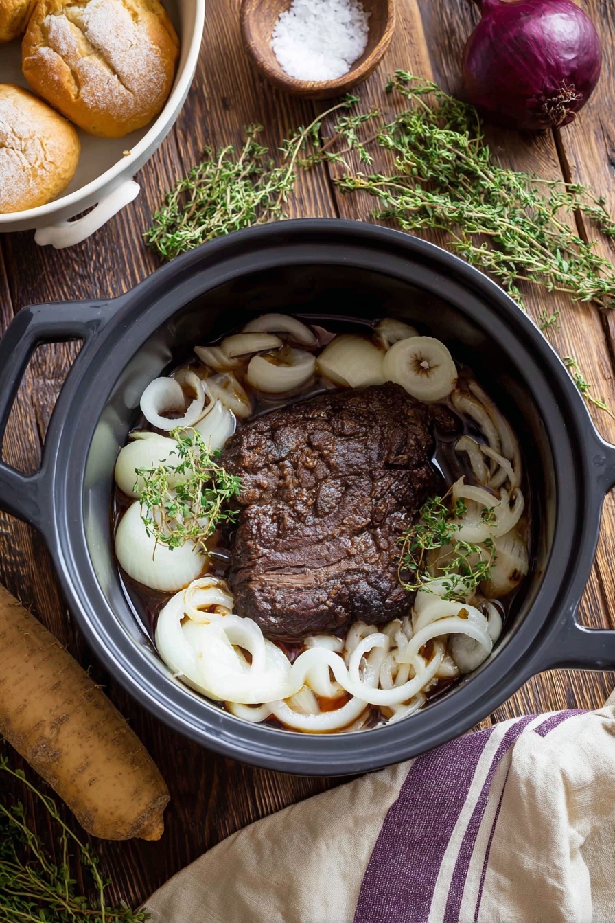 A close-up shows a woman's hand holding a sandwich over a white bowl filled with dark brown soup. The sandwich has a soft light brown bun sliced open, revealing two main layers: a dark brown cooked meat layer at the bottom, topped by a layer of melted white cheese with a smooth texture. In the background, more sandwiches with the same layers sit on a wooden board, placed on a white marbled surface. The scene has a rustic feel, with natural lighting highlighting the sandwich's textures and colors. photo taken with an iphone --ar 2:3 --v 7