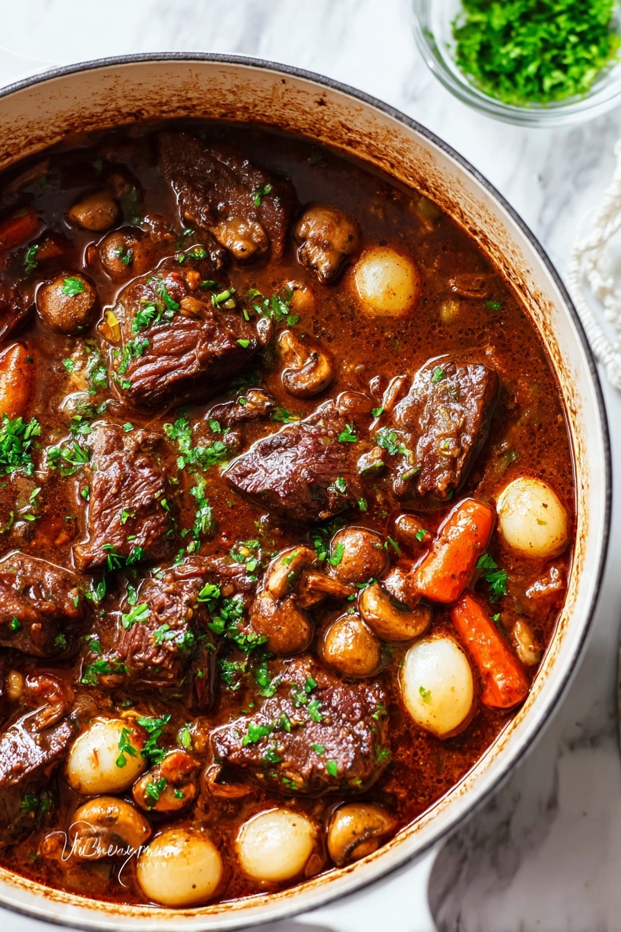 The image shows a white pot filled with a rich brown stew. Large chunks of dark brown meat are mixed with whole small cream-colored onions, orange carrot pieces, and light brown mushrooms. The stew has a shiny, thick sauce with visible herbs like small green parsley leaves scattered throughout. The surface is glossy with a bit of pepper and seasoning on top, and the pot is placed on a white marbled surface. Photo taken with an iphone --ar 2:3 --v 7