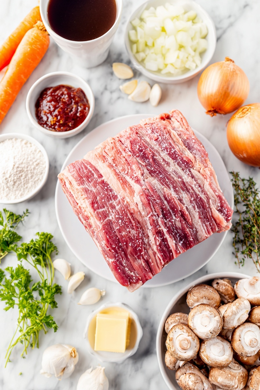 Flat lay of a large pile of trimmed beef brisket chunks, roughly chopped crispy bacon strips, a single large orange carrot sliced into thick rounds, a whole large white onion diced into cubes, six peeled garlic cloves, small white pearl onions, a cluster of fresh white and brown quartered mushrooms, a small white bowl with bright red tomato paste, a small white bowl with coarse salt, another small white bowl with ground black pepper, a small white bowl of flour powder, two whole uncracked brown eggs, two fresh bay leaves, a few sprigs of green thyme, fresh parsley sprigs, a small white bowl of golden extra-virgin olive oil, a small white bowl of rich red wine, a small white bowl of deep brown beef stock, a small white bowl with a square crushed beef bouillon cube, and a small white bowl of pale yellow butter, all arranged in perfect symmetry on a clean white marble surface, soft natural light, photo taken with an iPhone, professional food photography style, fresh ingredients, white ceramic bowls, no bottles, no duplicates, no utensils, no packaging --ar 2:3 --v 7 --p m7354615311229779997