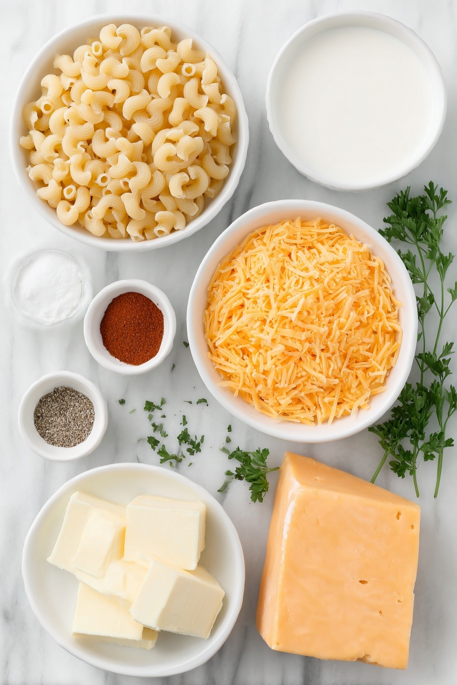 Flat lay of fresh uncooked cavatappi pasta arranged in a small pile, a few cubes of creamy pale yellow butter neatly stacked, a small white bowl filled with smooth evaporated milk, another small white bowl holding silky half and half cream, a mound of bright orange shredded cheddar cheese, a half block of vivid orange American cheese cut into clean cubes, a small white bowl with fine white salt, a small white bowl containing coarse black pepper, a small white bowl with light beige onion powder, a small white bowl with rich red paprika powder, and a few sprigs of fresh green chopped parsley scattered beside the bowls, all placed on a clean white marble surface, soft natural light, photo taken with an iPhone, professional food photography style, fresh ingredients, white ceramic bowls, no bottles, no duplicates, no utensils, no packaging --ar 2:3 --v 7 --p m7354615311229779997