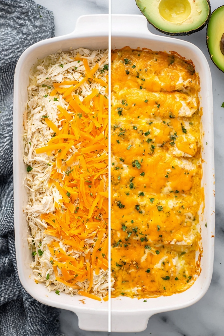 The image shows a white baking dish divided vertically into two halves. On the left half, there is a thick layer of shredded white chicken at the bottom, covered by a dense layer of mixed shredded yellow cheddar and white cheese. On the right half, the dish has been cooked, showing three enchiladas covered with melted yellow cheddar and white cheese, slightly browned and bubbling, with small green herb pieces sprinkled on top. The dish sits on a white marbled texture, with an avocado half visible at the top right corner and a light gray striped cloth partially visible at the bottom right. Photo taken with an iphone --ar 2:3 --v 7