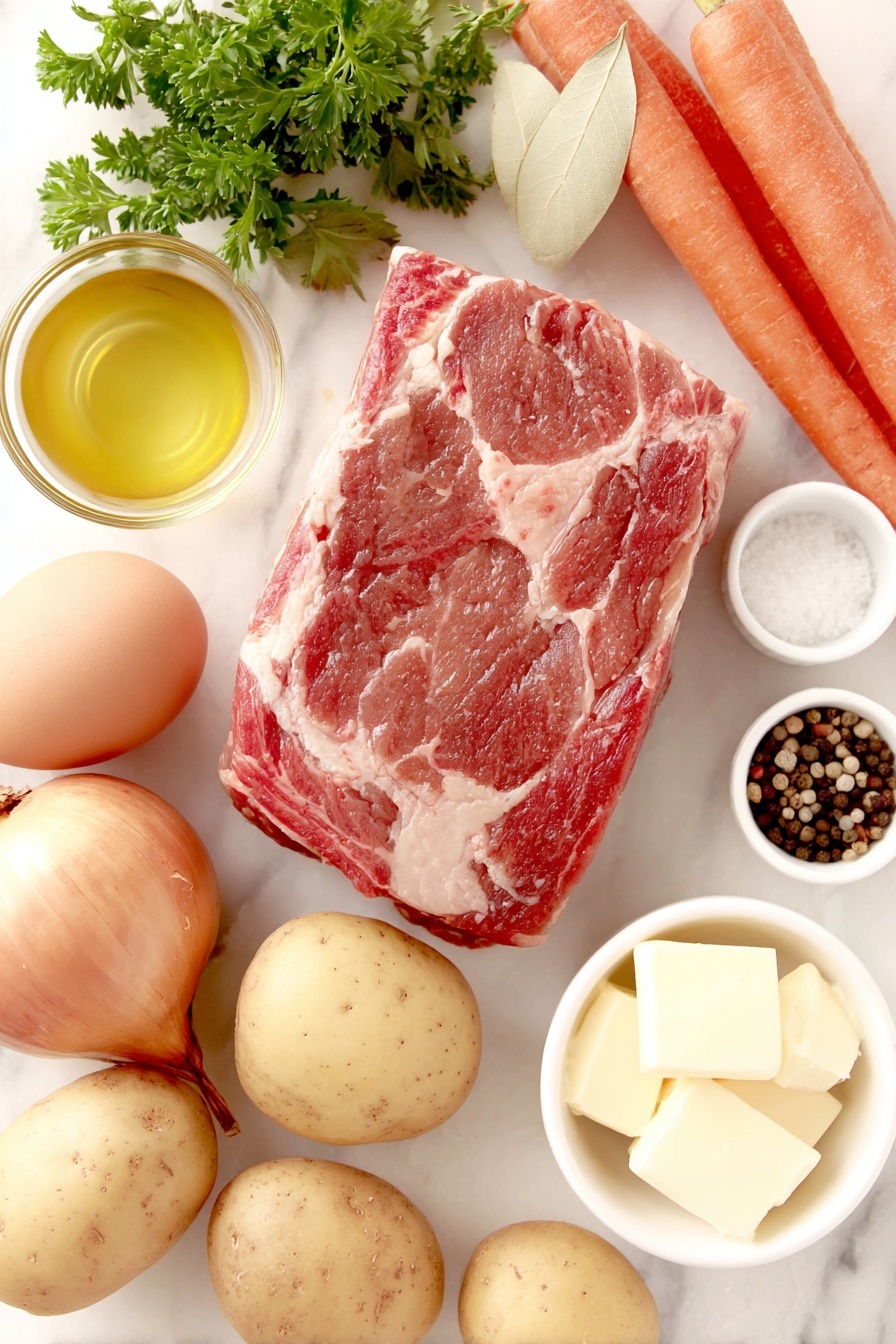 Flat lay of a fresh, whole chuck roast with a rich marbled texture, a large yellow onion cut into thick wedges, several whole uncracked brown eggs with clean shells, a few peeled whole carrots cut into 2-inch sticks, a handful of baby potatoes cut into 1.5-inch pieces, a small white ceramic bowl filled with minced fresh garlic, another small white bowl with bright red wine vinegar, a third small white bowl holding golden avocado oil, a small white bowl containing melted butter, a few dried bay leaves arranged neatly, scattered sprigs of fresh parsley, and a small pile of finely grated Parmesan cheese, all placed on a clean white marble surface, soft natural light, photo taken with an iPhone, professional food photography style, fresh ingredients, white ceramic bowls, no bottles, no duplicates, no utensils, no packaging --ar 2:3 --v 7 --p m7354615311229779997