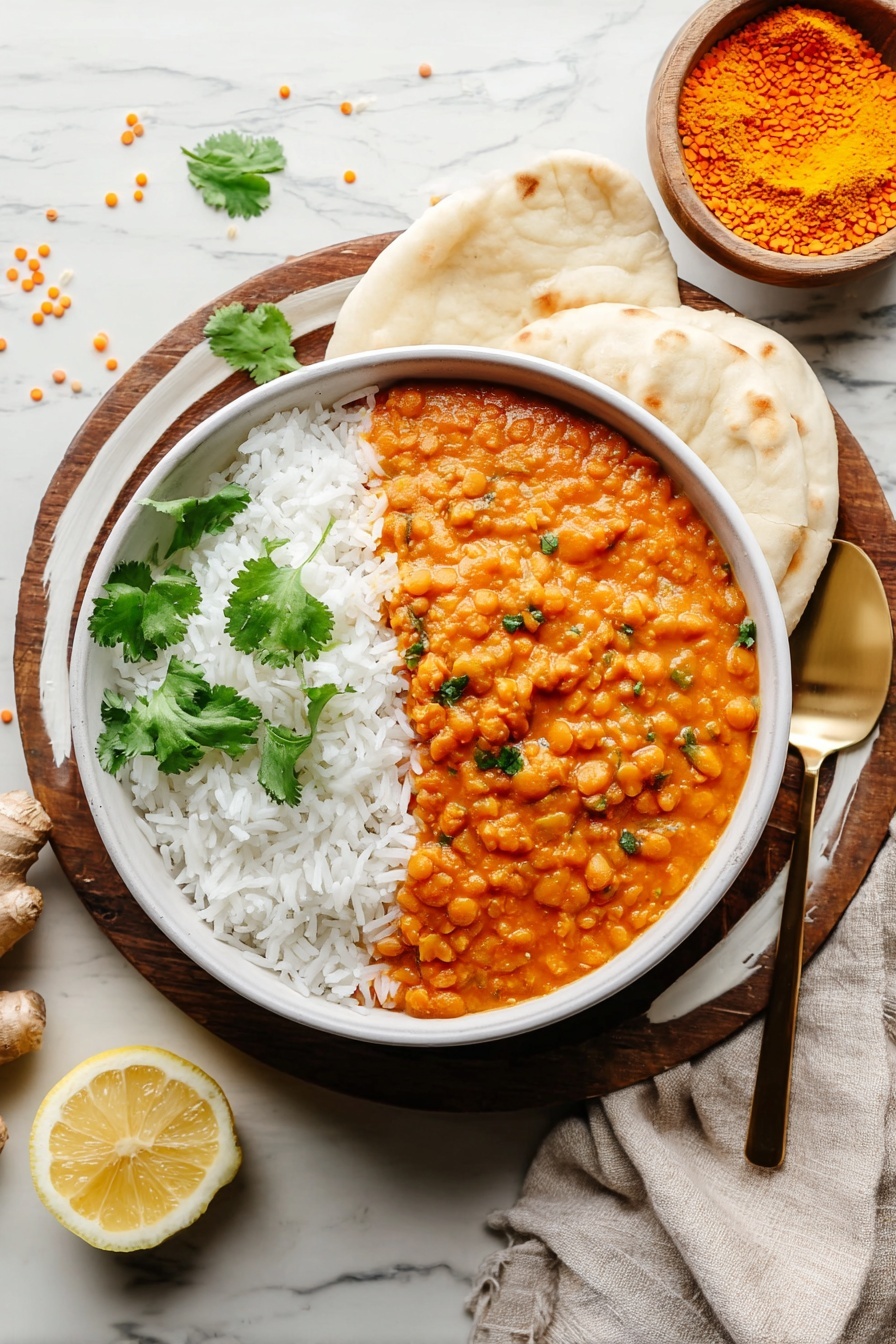 The image shows a white bowl filled with two main layers: one half contains fluffy white rice topped with bright green cilantro leaves, while the other half holds a thick orange lentil curry mixed with small pieces of lentils and herbs. The bowl is placed on a white plate, alongside two pieces of soft white flatbread. The setting is on a dark wooden surface with garlic, ginger, lemon, and a small bowl of orange turmeric powder around it. A white cloth and a gold-colored spoon are also partially visible near the plate. Photo taken with an iphone --ar 2:3 --v 7