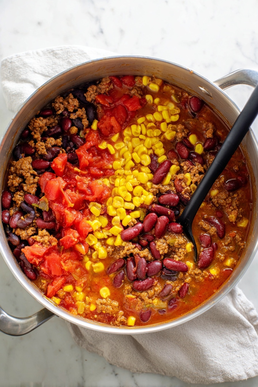 A close-up view of a creamy soup in a black pot, filled with layers of yellow corn, black beans, red diced tomatoes, small pieces of brown meat, and fresh green cilantro scattered on top. The soup has a thick light orange creamy texture with visible chunks of vegetables and meat, with a metal ladle lifting a spoonful from the pot showing a colorful mix of ingredients held together by the creamy broth. The background features a white marbled surface. Photo taken with an iphone --ar 2:3 --v 7