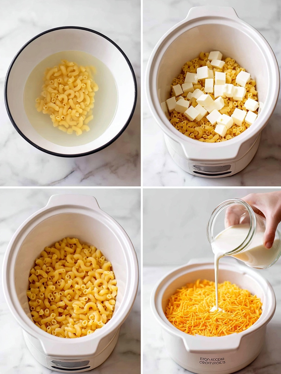 The image shows four steps of making a cheesy pasta dish in a white round slow cooker sitting on a white marbled surface. Step 1 shows a close-up of cooked curly macaroni noodles, pale yellow and soft-looking, filling most of a blue bowl with water. Step 2 shows the noodles placed inside the slow cooker with small cubes of white cheese scattered over them. Step 3 shows a woman's hand pouring white milk from a small glass jar over the pasta and cheese inside the slow cooker. Step 4 shows the same slow cooker filled with the noodles and cheese cubes now mixed with a heap of shredded orange cheddar cheese, creating a colorful contrast. The lighting is soft and natural, highlighting the textures of the pasta and cheese well, photo taken with an iphone --ar 2:3 --v 7