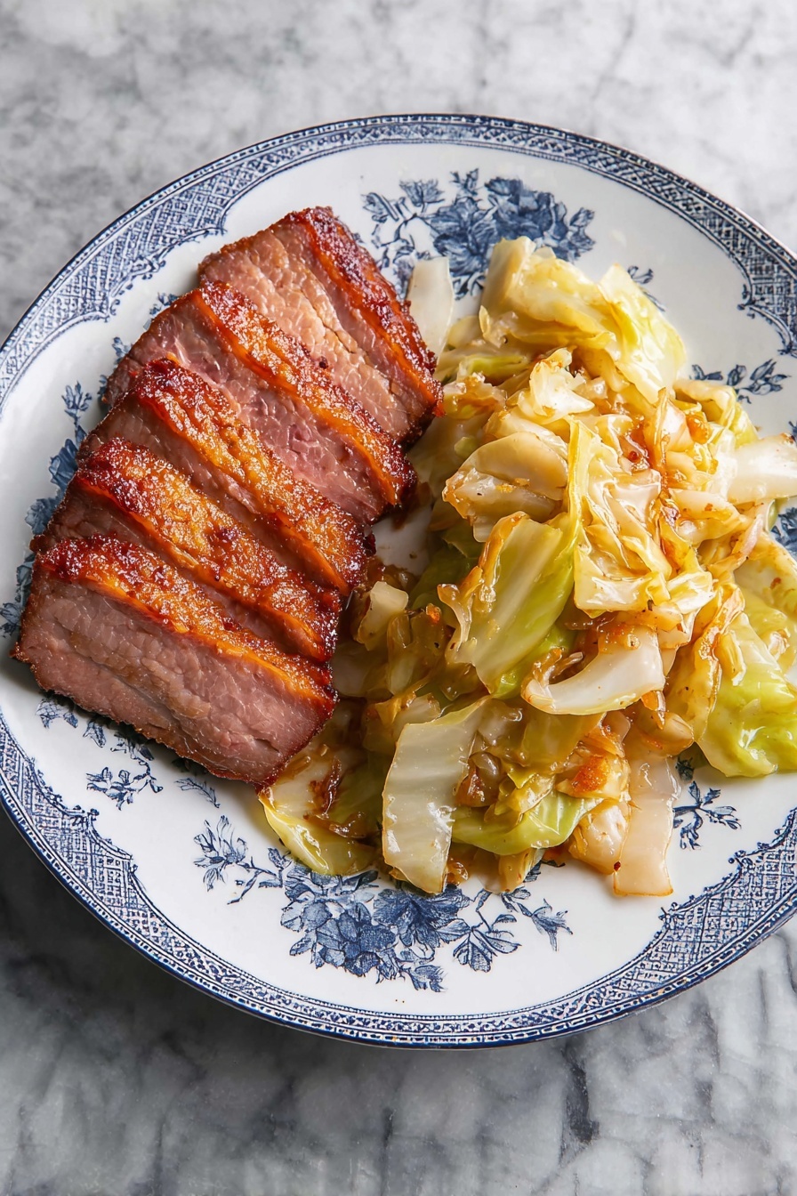 The dish shows three slices of cooked meat with a crispy, golden-brown outer layer and a pink, tender inside, placed on the left side of a white plate with blue flower patterns. On the right side, there is cooked cabbage with light green and white pieces mixed with small browned bits, giving it a sautéed look. The plate sits on a white marbled surface. photo taken with an iphone --ar 2:3 --v 7