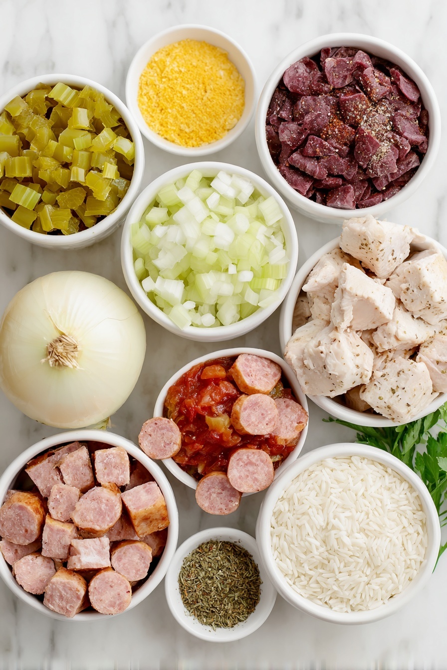 Flat lay of finely diced ribs of celery, a whole yellow onion, a whole green bell pepper, two whole uncracked garlic cloves, sliced smoked sausage rounds, two cubed boneless skinless chicken thighs, small white ceramic bowls with dried oregano, dried thyme, smoked paprika, cayenne pepper, freshly cracked black pepper, a small white ceramic bowl filled with diced fresh tomatoes, a small white ceramic bowl of chicken broth, a small white ceramic bowl with chopped fresh parsley, a pile of uncooked long grain white rice, and three sliced green onions arranged symmetrically on a clean white ceramic plate, placed on a clean white marble surface, soft natural light, photo taken with an iPhone, professional food photography style, fresh ingredients, white ceramic bowls, no bottles, no duplicates, no utensils, no packaging --ar 2:3 --v 7 --p m7354615311229779997