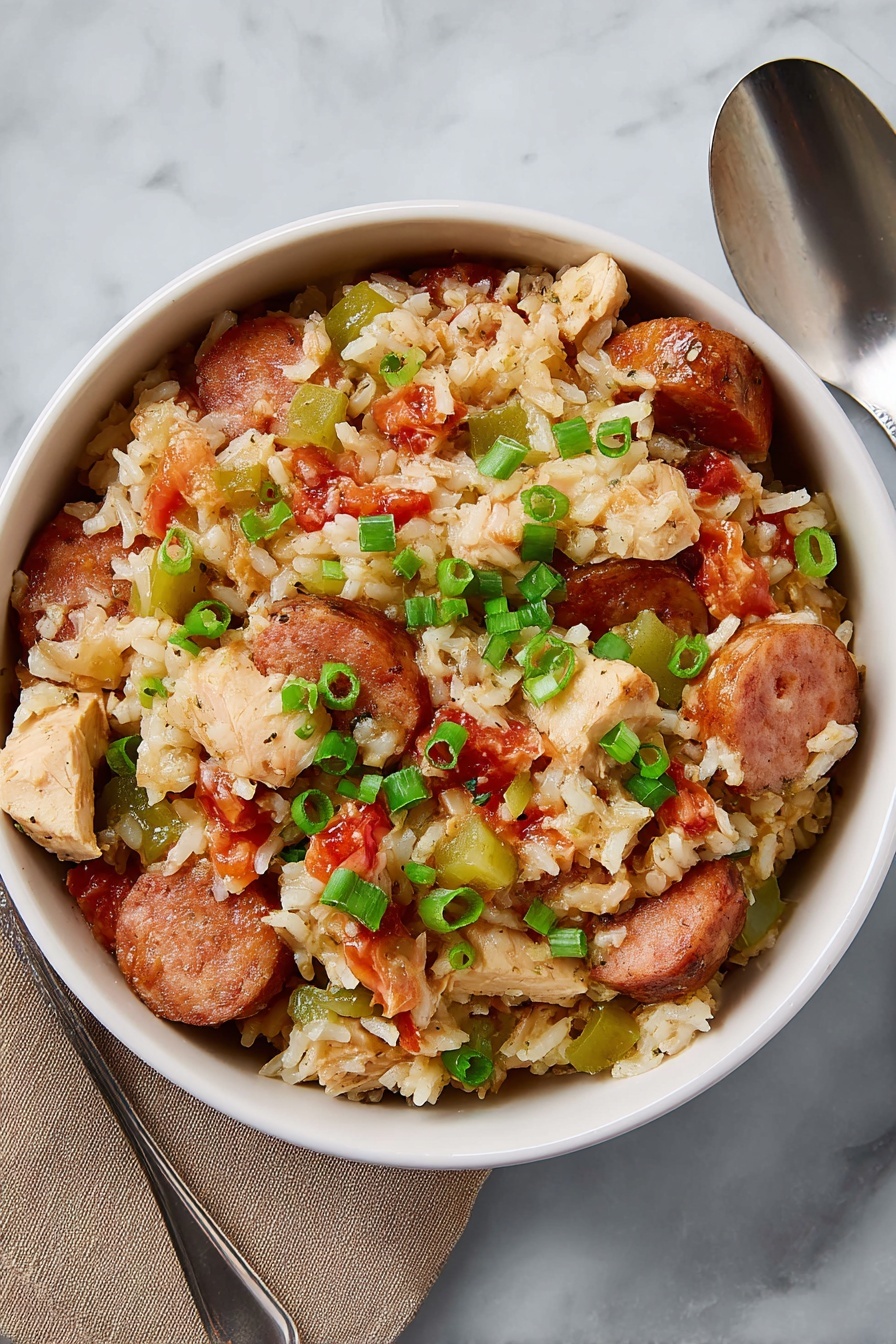 A white bowl filled with a mixed dish showing three main layers: the base layer has white rice with bits of cooked onion and green bell pepper; the second layer includes pieces of cooked red sausage slices scattered evenly through the rice; the top layer is garnished with chopped green onions, adding a fresh green color, and chunks of light brown cooked chicken mixed throughout. The bowl is placed on a white marbled surface with a spoon and a rust-colored cloth napkin nearby. Photo taken with an iphone --ar 2:3 --v 7