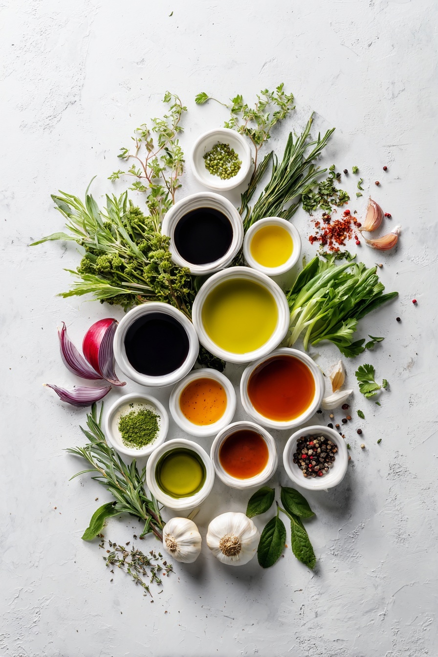 Flat lay of a small white ceramic bowl of golden olive oil, two whole uncracked brown garlic cloves, a piece of fresh ginger root with a small portion peeled to show bright yellow interior, three raw boneless skinless chicken breasts cut into bite-sized pieces on a simple white plate, a small white ceramic bowl filled with creamy coconut milk, a small white ceramic bowl containing vivid red Thai red curry paste, a small white ceramic bowl with clear light chicken broth, a handful of bright green roughly chopped snow peas arranged neatly, four fresh kaffir lime leaves with deep glossy green color, two stalks of fresh lemongrass bruised and split, a small white ceramic bowl with white granulated sugar, a small bunch of fresh green cilantro sprigs, coarse sea salt crystals and cracked black peppercorns scattered minimally in a balanced layout, all placed on a clean white marble surface, soft natural light, photo taken with an iPhone, professional food photography style, fresh ingredients, white ceramic bowls, no bottles, no duplicates, no utensils, no packaging --ar 2:3 --v 7 --p m7354615311229779997