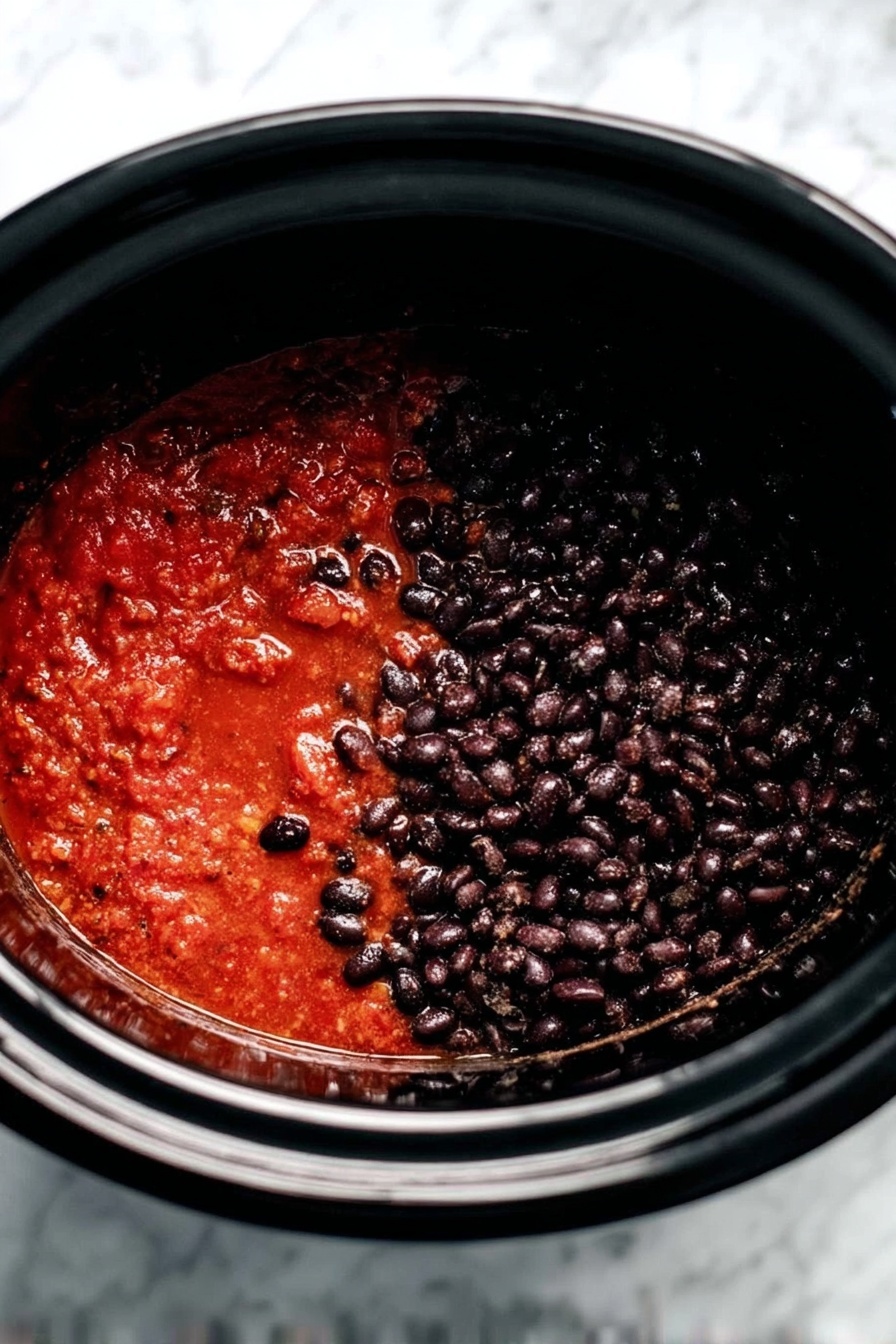 The image shows a black slow cooker filled with two clear layers of food. The bottom layer is a bright red sauce with visible small chunks and seeds, giving it a textured and slightly wet look. On top of this red sauce, there is a thick layer of small, shiny black beans that almost cover the entire surface, creating a contrast between the dark black and bright red colors. The slow cooker sits on a white marbled surface. photo taken with an iphone --ar 2:3 --v 7