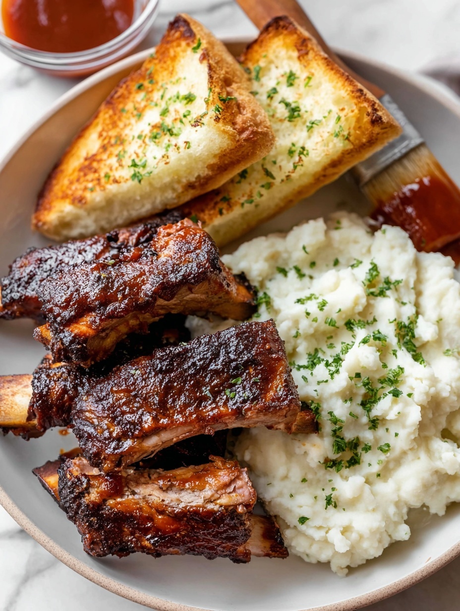 A white plate sits on a white marbled surface with four pieces of dark brown grilled ribs layered on the left side, showing a shiny, slightly textured glaze and some char marks; to the right, there is a mound of creamy mashed potatoes sprinkled with small green herb bits, while a piece of toasted bread topped with chopped parsley rests near the bottom right corner; the whole setup shows a rich mix of textures from the ribs' crisp glaze to the soft mashed potatoes. Photo taken with an iphone --ar 2:3 --v 7