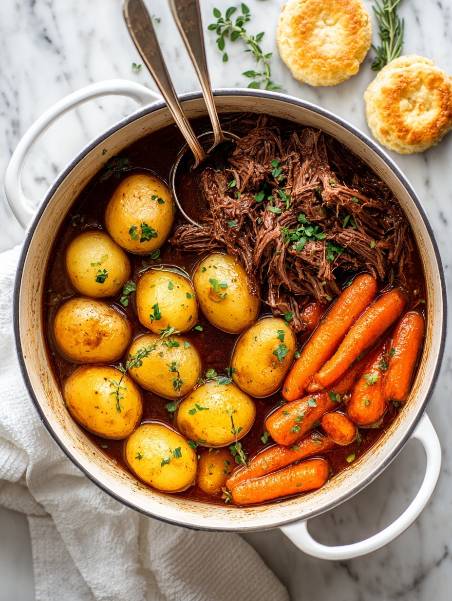 A large light blue pot filled with a stew featuring three main layers: at the bottom, a rich brown broth; in the middle, tender shredded brown meat piled in the center; and around the meat, golden brown small potatoes and bright orange carrot chunks, some with char marks. A sprig of fresh green thyme lies on top near the carrots, and two light beige spoons rest inside the pot. The pot sits on a white cloth on a wooden table, with biscuit halves and another sprig of thyme nearby. The background is a white marbled texture. photo taken with an iphone --ar 2:3 --v 7