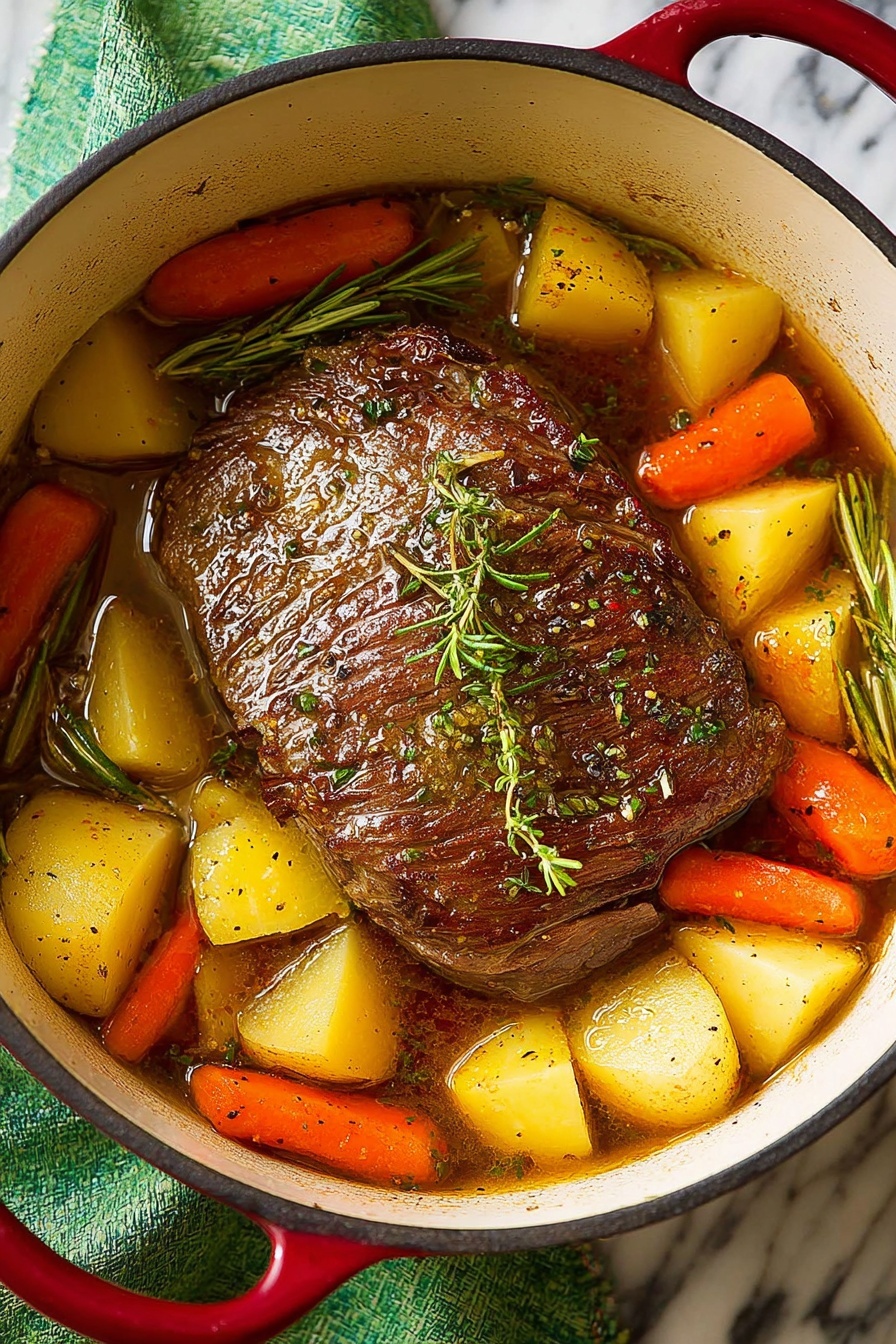 The image shows a cooked beef roast placed in the middle of a white pot with a slightly browned interior. Surrounding the roast are whole yellow potatoes and large orange carrot pieces, all covered in a thin layer of brown broth. Fresh green sprigs of rosemary and thyme rest on the meat and among the vegetables, adding color contrast. The pot has bright red handles, and it sits on a white marbled surface with a green cloth nearby. The overall color palette features warm browns, golden yellows, and fresh greens. photo taken with an iphone --ar 2:3 --v 7