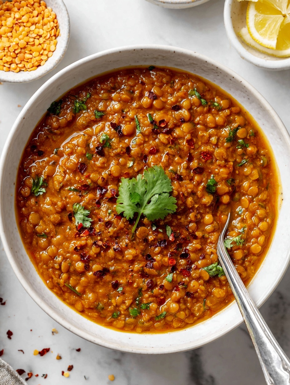 A white bowl filled with thick, orange-brown lentil curry with visible lentils and small bits of onion or spices, topped with red chili flakes and a bright green cilantro leaf in the center, a silver spoon resting on one side inside the bowl, set on a white marbled surface with small white bowls containing lemon halves and dry lentils partially visible around it. photo taken with an iphone --ar 2:3 --v 7